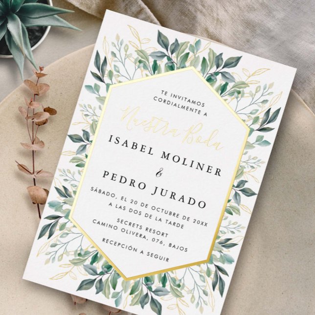 Elegant Green Gold Leaves Nuestra Boda Wedding (Creator Uploaded)