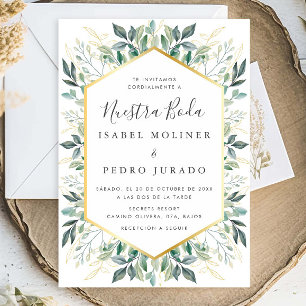 Elegant Green Gold Leaves Nuestra Boda Wedding Invitation
