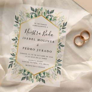 Elegant Green Gold Leaves Nuestra Boda Wedding Vellum Invitations