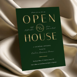 Elegant Green & Gold Logo Business Open House Invitation