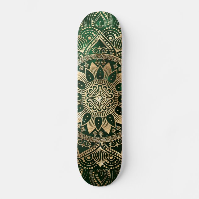 Elegant Green Gold Mandala Skateboard (Front)