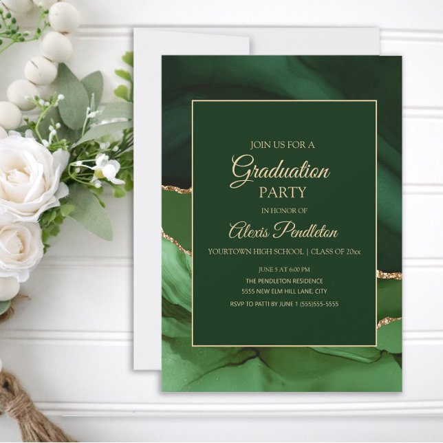 Elegant Green Gold Marble Agate Graduation Party Invitation (Creator Uploaded)