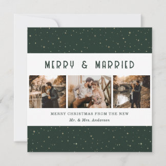 Elegant Green Gold Merry and Married Christmas Holiday Card