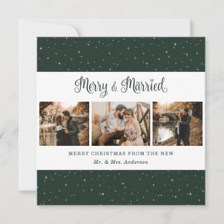 Elegant Green Gold Merry and Married Christmas Holiday Card