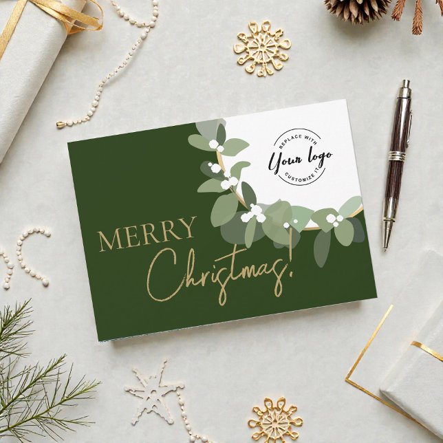 Elegant Green gold Merry Christmas Company Logo  Holiday Card (Modern, professional Green gold with Custom Logo Business Christmas corporate card.)