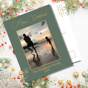Elegant Green & Gold Merry Christmas Family Photo Holiday Postcard