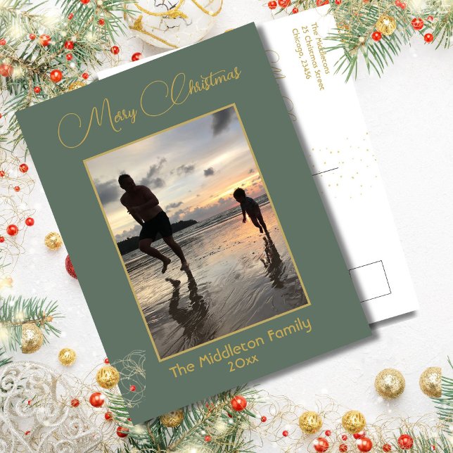 Elegant Green & Gold Merry Christmas Family Photo  Holiday Postcard (Creator Uploaded)