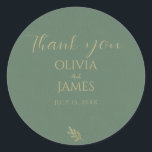 Elegant Green & Gold Minimalist Thank You Wedding Classic Round Sticker<br><div class="desc">A classy rustic modern sage emerald green and gold minimal wedding favour sticker. Which features a green and gold themed design that has line art eucalyptus leaf . With a minimalist rustic chic design that has the wife and husband's names gold and whimsical thank you calligraphy typography and date ....</div>