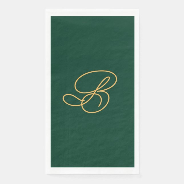 Elegant Green & Gold Monogram Script Name  Napkin (Front)