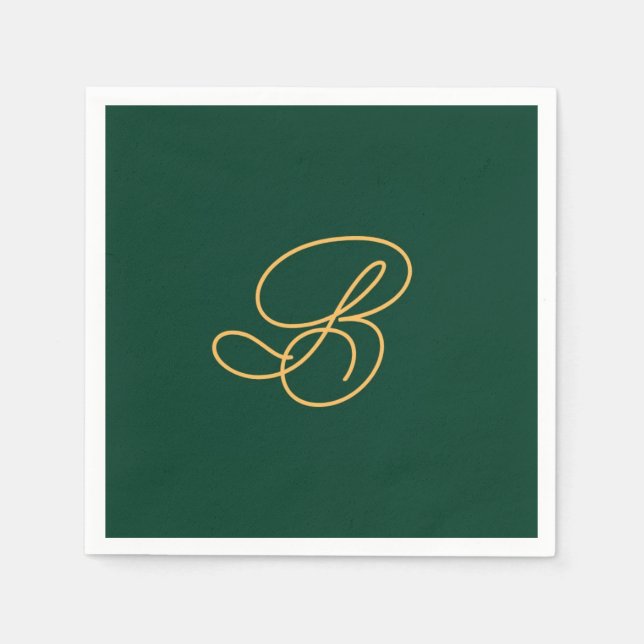 Elegant Green & Gold Monogram Script Name  Napkin (Front)