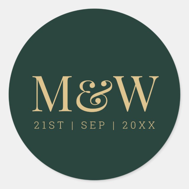 Elegant Green Gold Monogram Wedding Classic Round Classic Round Sticker (Front)