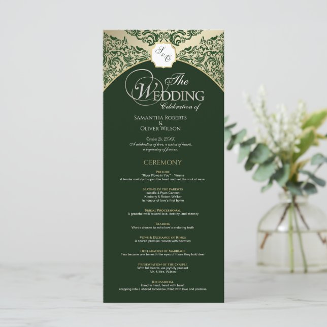 Elegant Green & Gold Monogram Wedding Program Programme (Standing Front)