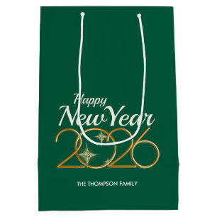 Elegant Green & Gold “New Year 2026” Personalized  Medium Gift Bag