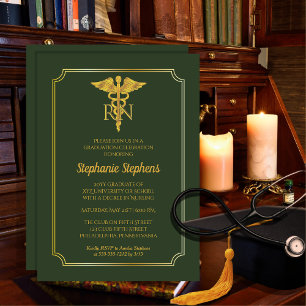 Elegant Green Gold Nurse RN Graduation Party Invitation
