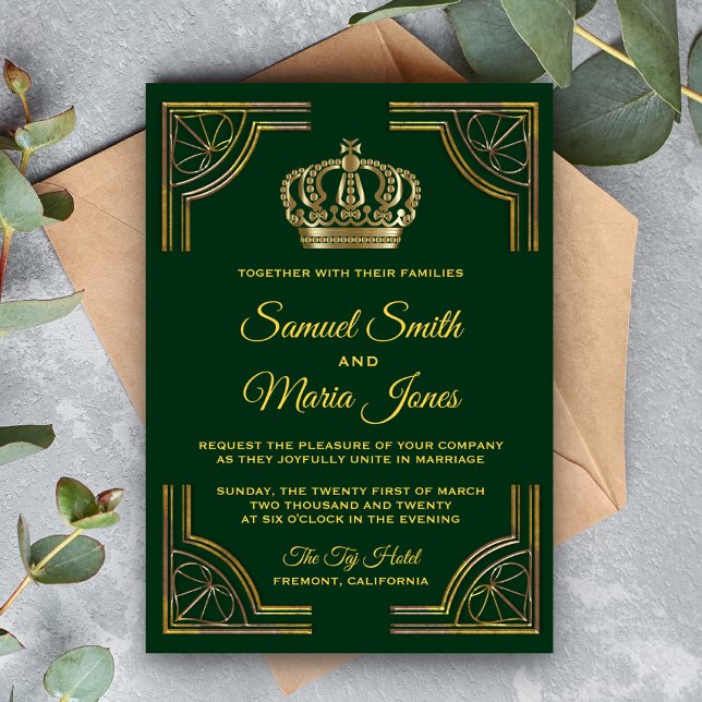 Elegant Green Gold Ornate Crown Wedding Invitation (Creator Uploaded)