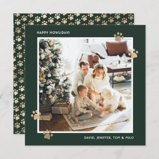 Elegant Green Gold Paw Photo Happy Howlidays Holiday Card