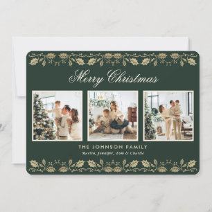 Elegant Green Gold Photo Collage Christmas Card