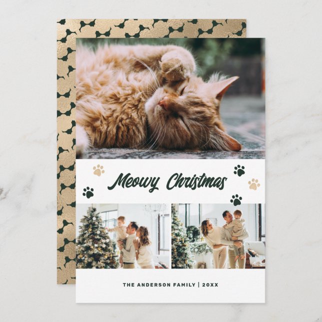 Elegant Green Gold Photo Meowy Christmas Card (Front/Back)