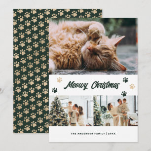 Elegant Green Gold Photo Meowy Christmas Card