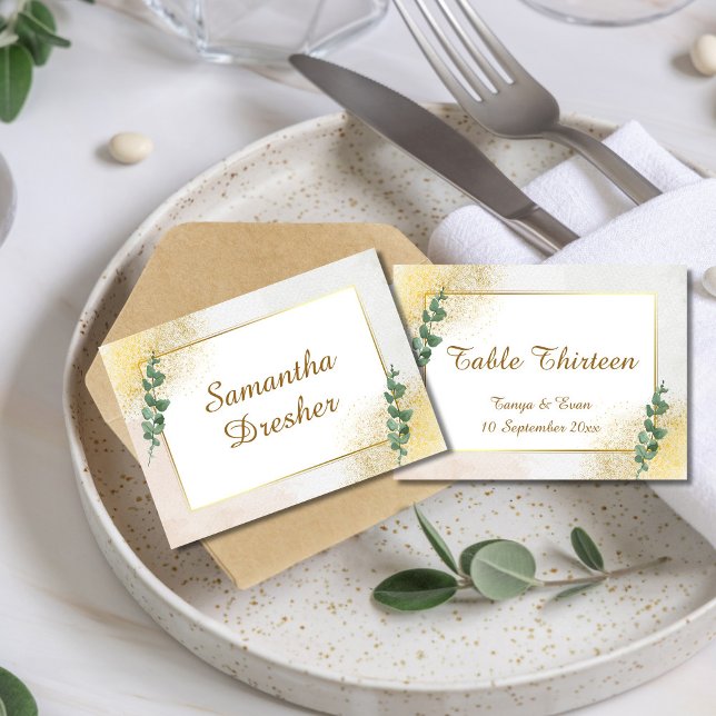 Elegant Green & Gold Photo Wedding  Place Card (ELEGANT GREEN & GOLD WEDDING PLACE CARD)