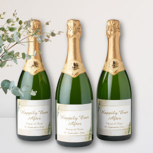 Elegant Green & Gold Photo Wedding Sparkling Wine Label