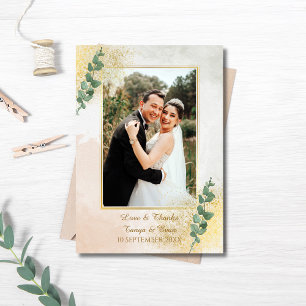 Elegant Green & Gold Photo Wedding  Thank You Card