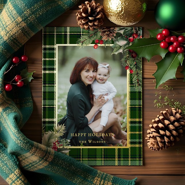 Elegant Green/Gold Plaid Holly Christmas Photo  (Creator Uploaded)