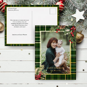 Elegant Green/Gold Plaid Holly Christmas Photo Foil Holiday Postcard
