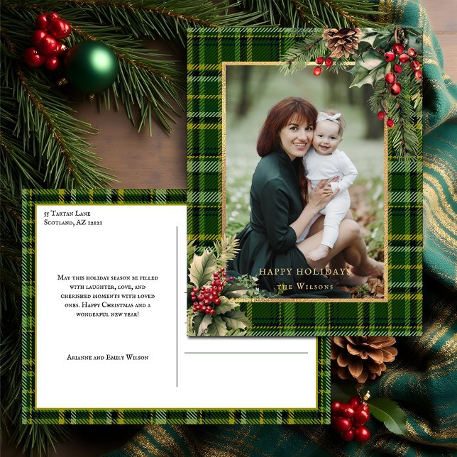 Elegant Green/Gold Plaid Holly Christmas Photo  Holiday Postcard (Creator Uploaded)