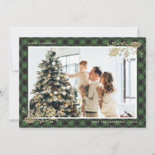 Elegant Green Gold Plaid Photo Christmas Card