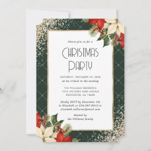 Elegant Green Gold Poinsettia Christmas Party Invitation