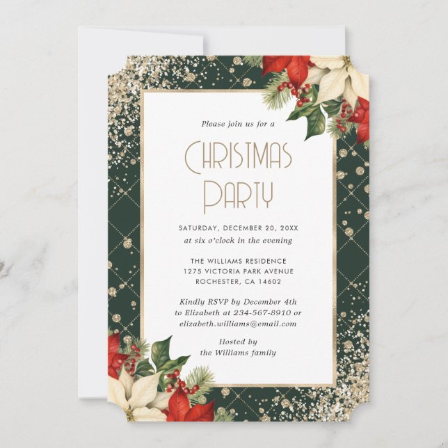 Elegant Green Gold Poinsettia Christmas Party Invitation (Front)