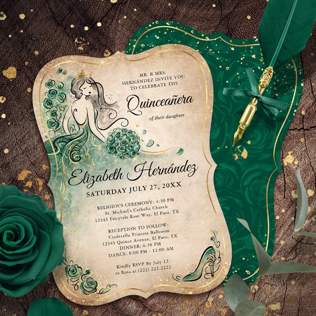 Elegant Green Gold Princess Quinceanera Birthday Invitation (Unique, downloadable gold and emerald green quinceanera invitations on an editable DIY template.)
