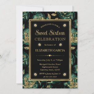 Elegant Green & Gold Rose Floral Pattern Sweet 16 Invitation