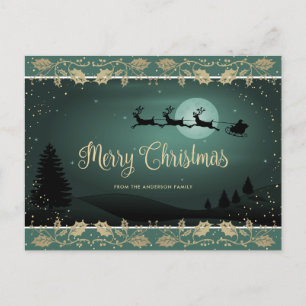 Elegant Green Gold Santa Reindeer Snowy Christmas Holiday Postcard