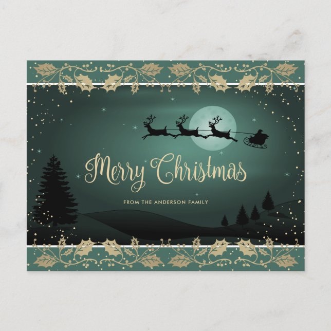 Elegant Green Gold Santa Reindeer Snowy Christmas Holiday Postcard (Front)