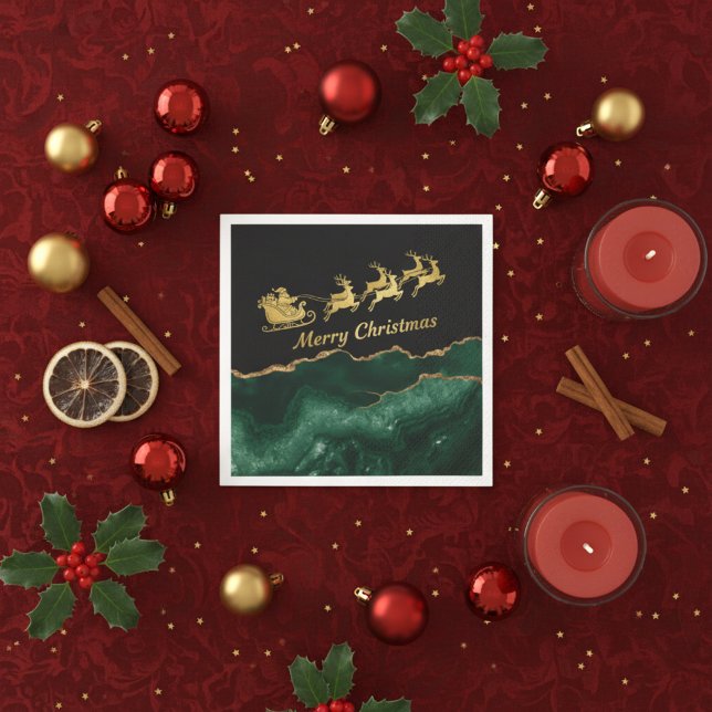 Elegant Green Gold Santa Sleigh Merry Christmas Napkin (Creator Uploaded)