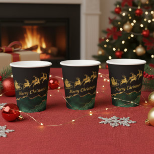 Elegant Green Gold Santa Sleigh Merry Christmas Paper Cups