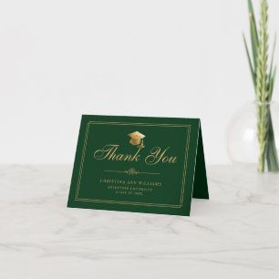 Elegant Green Gold Script Cap Graduation Thank You Card