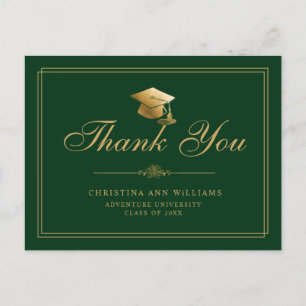 Elegant Green Gold Script Graduation Thank You Postcard
