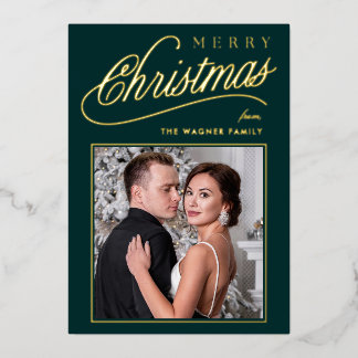 Elegant Green & Gold Script Merry Christmas Photo