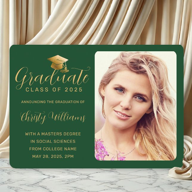 Elegant Green Gold Script Photo College Graduation Announcement (Green and Gold Photo Graduation Announcement 
for College Grads)