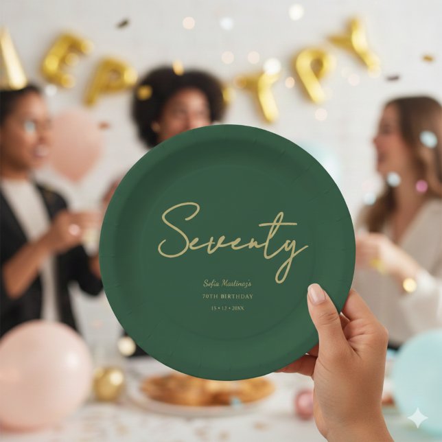 Elegant Green Gold Seventy Birthday Paper Plate (Creator Uploaded)