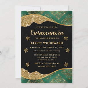 Elegant Green & Gold Snowflake Quinceanera Invitation
