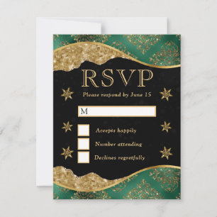 Elegant Green & Gold Snowflake Wedding RSVP Card