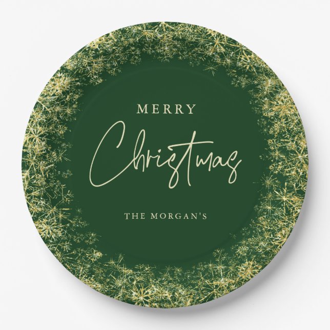 Elegant Green Gold Snowflakes Christmas  Paper Plate (Front)