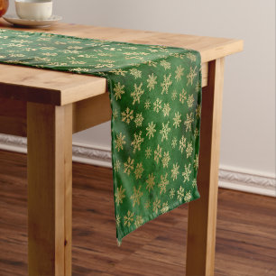Elegant Green & Gold Snowflakes Christmas Short Table Runner