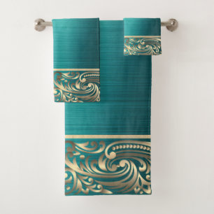 Elegant Green Gold Swirls  Bath Towel Set