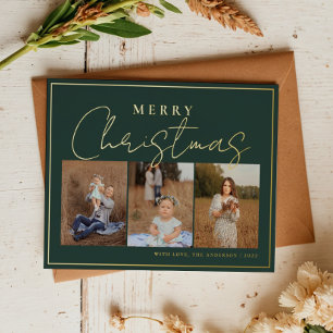 Elegant Green Gold Three Photo Collage With Frame Foil Holiday Postcard