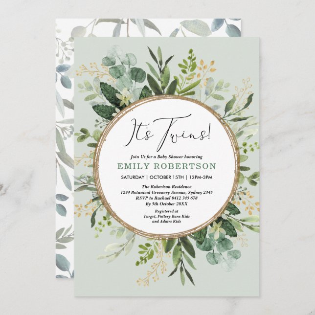 Elegant Green Gold Twins Greenery Baby Shower Invitation (Front/Back)